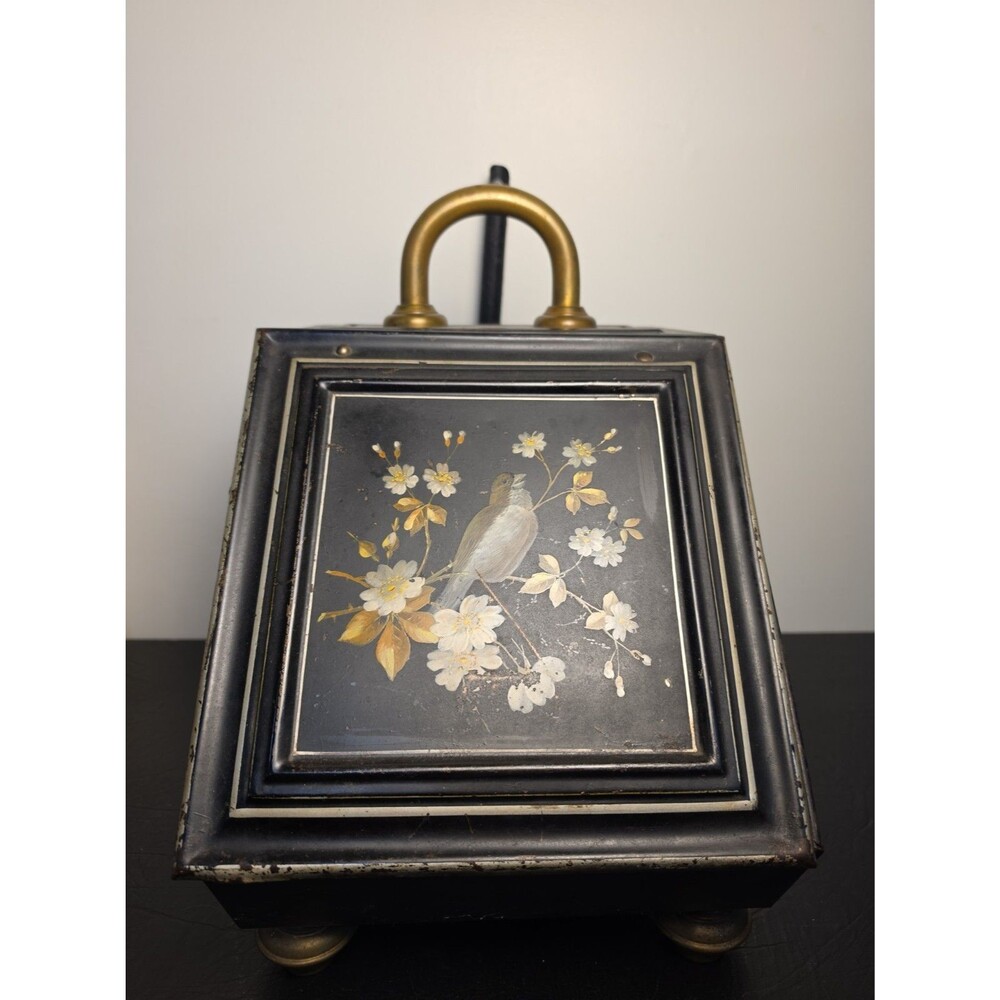 Antique Tolewear Coal Fireplace Scuttle Hod Hand Painted Floral Bird Scoop Brass